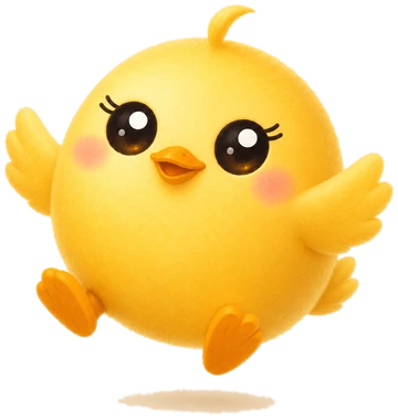 A pintinha Pip salta com as duas asas abertas e os dois pés fora do chão.