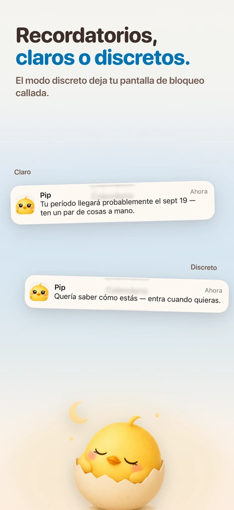 Dos avisos de pantalla de bloqueo de Pip, uno encima del otro: el claro nombra el 19 de septiembre como día probable y el discreto solo pregunta cómo estás, sobre una pollita dormida dentro de un cascarón bajo una luna creciente.