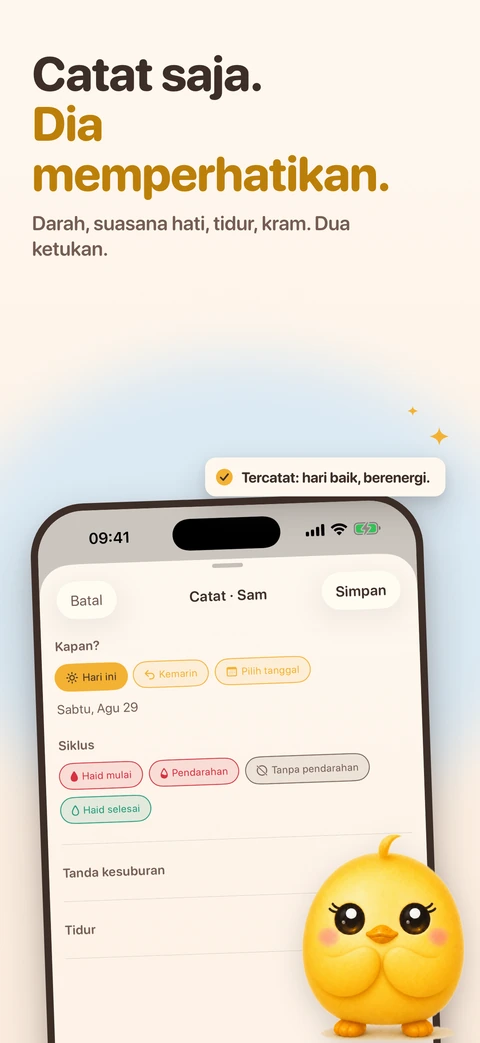 iPhone yang dimiringkan menampilkan lembar catatan Pip dengan pilihan tanggal dan tombol siklus, spanduk melayang bertuliskan "Tercatat: hari baik, berenergi", dan si anak ayam berdiri di tepi layar.