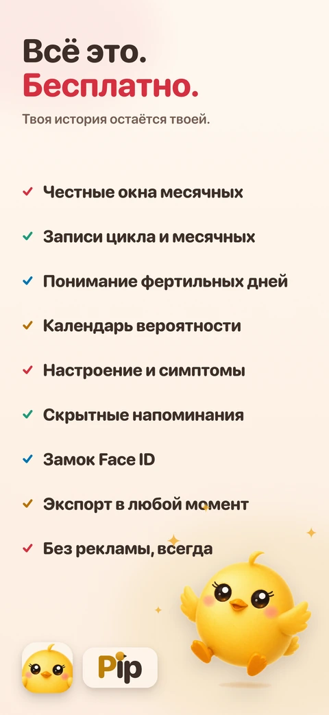 Список из девяти бесплатных вещей, от честных окон месячных до замка Face ID и экспорта, рядом прыгающий птенчик, значок приложения и надпись Pip.