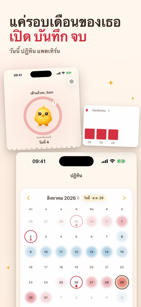 พิปยืนอยู่กลางวงแหวนสีชมพูใต้คำทักทายตอนเช้า บอกว่าเป็นวันที่สี่ของประจำเดือนรอบนี้ ข้าง ๆ เป็นการ์ดรอบต่อรอบที่วางความยาวรอบล่าสุดเรียงเป็นแท่ง และด้านล่างเป็นปฏิทินเดือนสิงหาคมที่ระบายสีวันต่าง ๆ ไว้