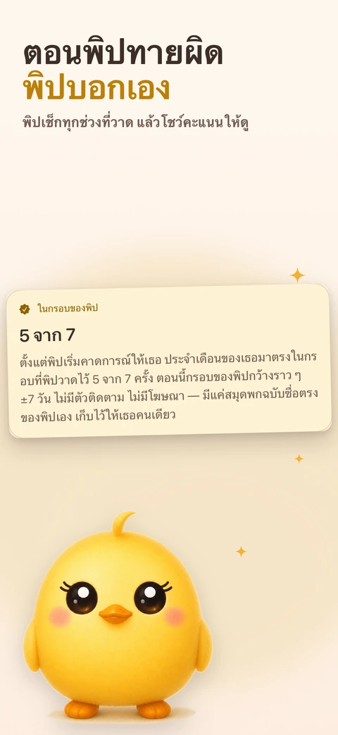 การ์ดหัวข้อ "ในกรอบของพิป" โชว์คะแนนสะสมว่าประจำเดือนของเธอมาตรงในกรอบที่พิปวาดไว้บ่อยแค่ไหน เหนือพิปที่ยืนมองตรงออกมา